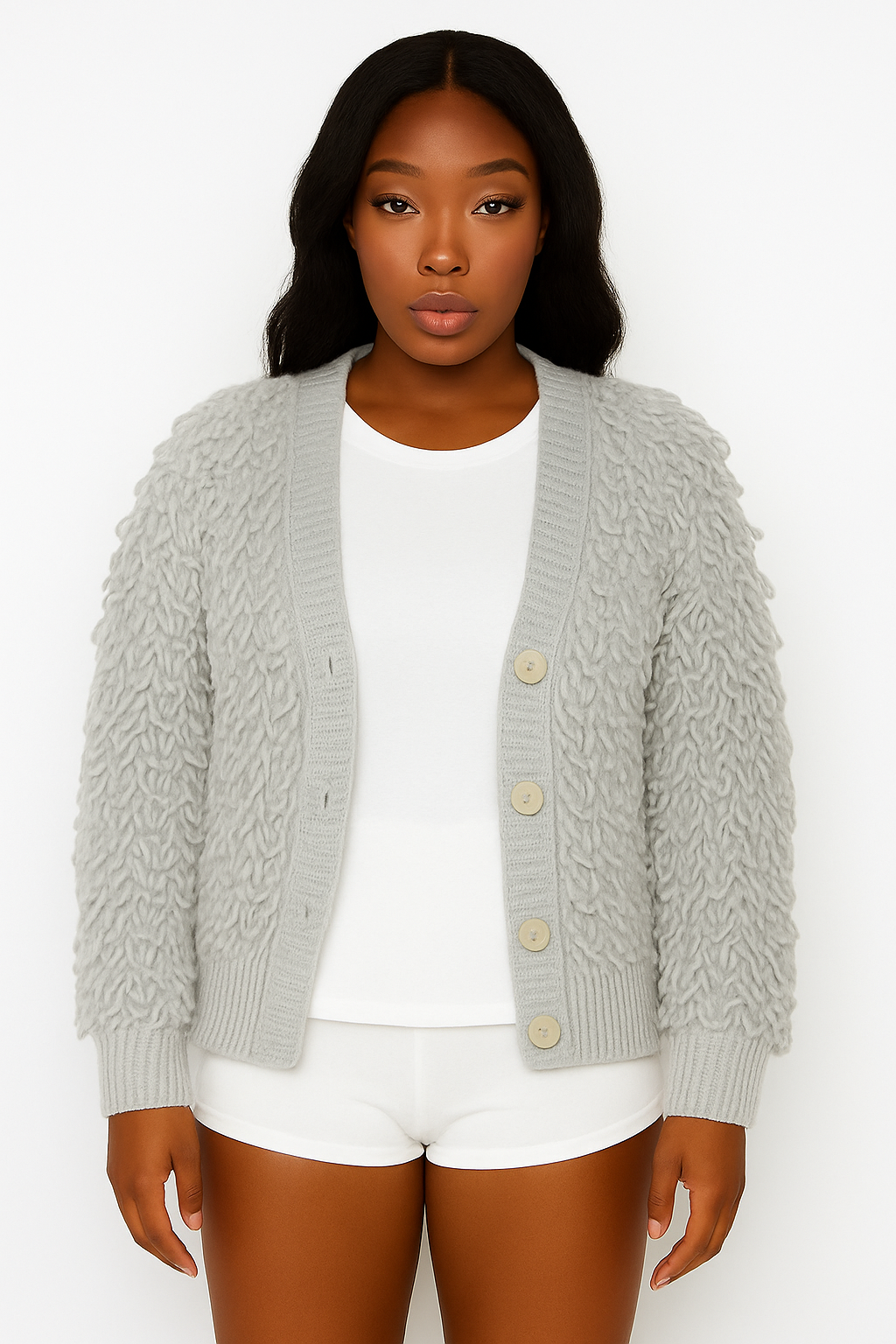 Black Loop-Knit Cropped Cardigan with White Vest