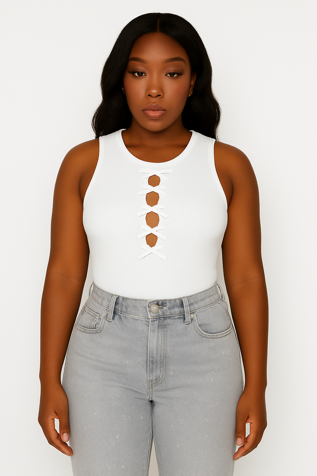 White Ribbed Tank Top with Bow Detail