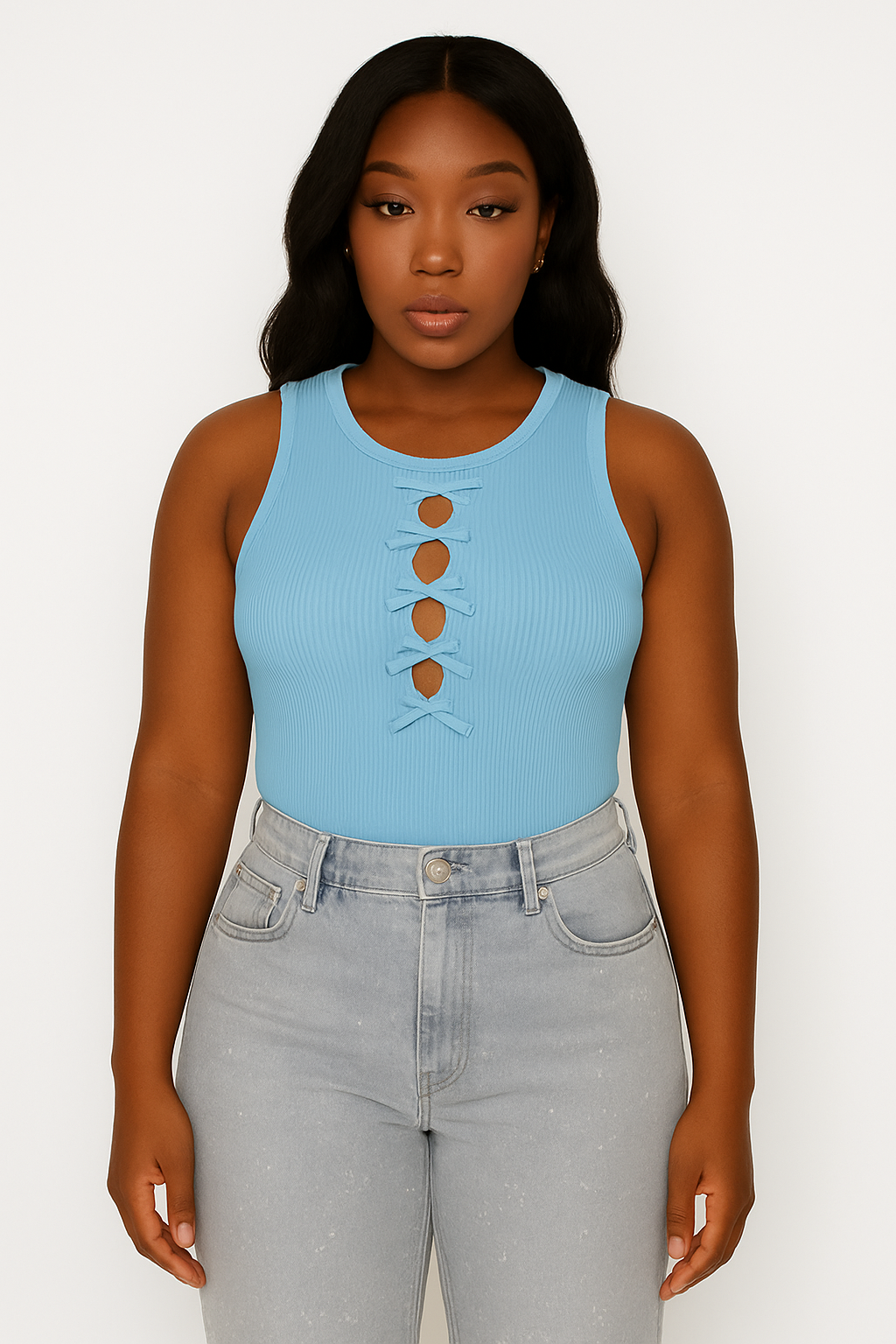Blue Ribbed Tank Top with Bow Detail