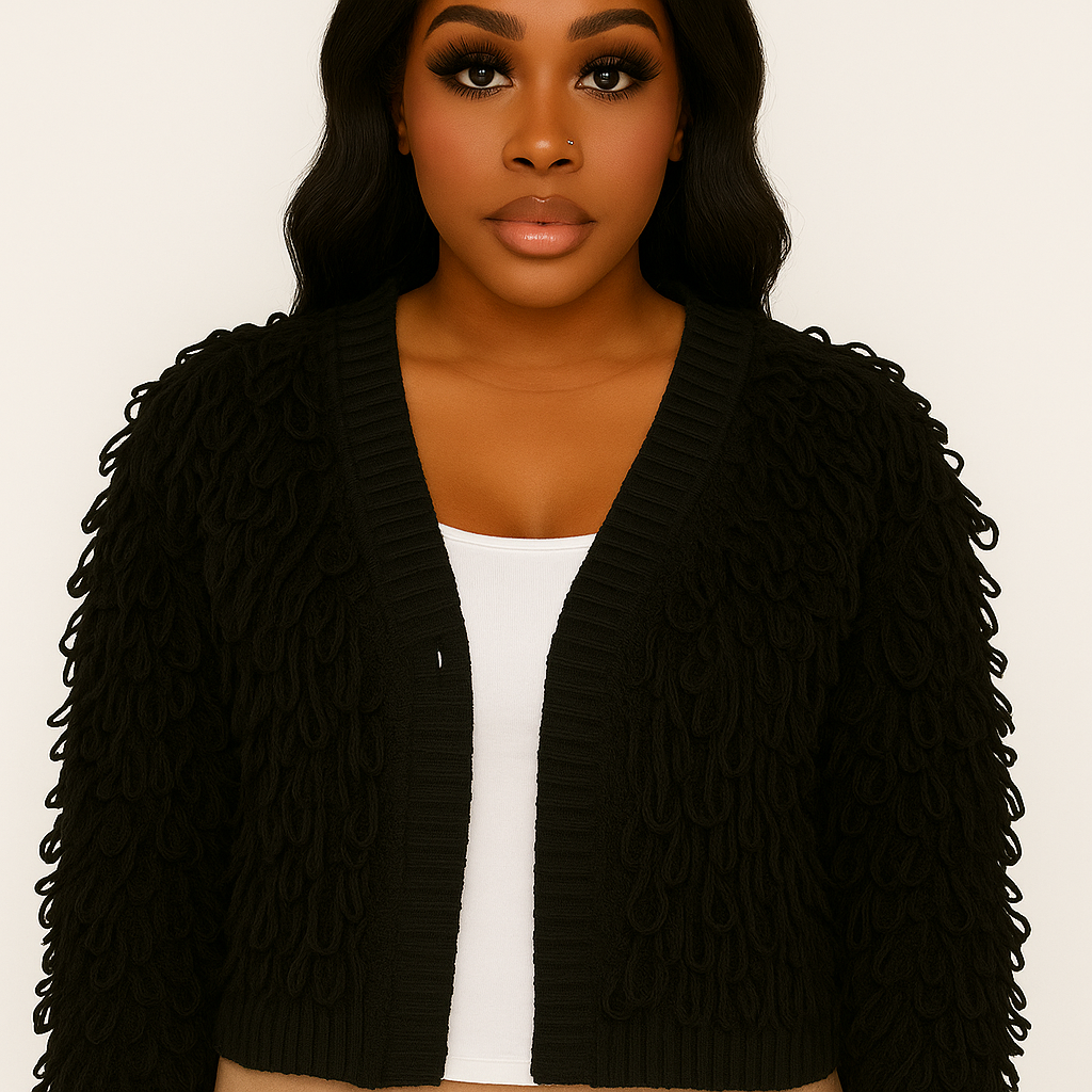 Black Loop-Knit Cropped Cardigan with White Vest