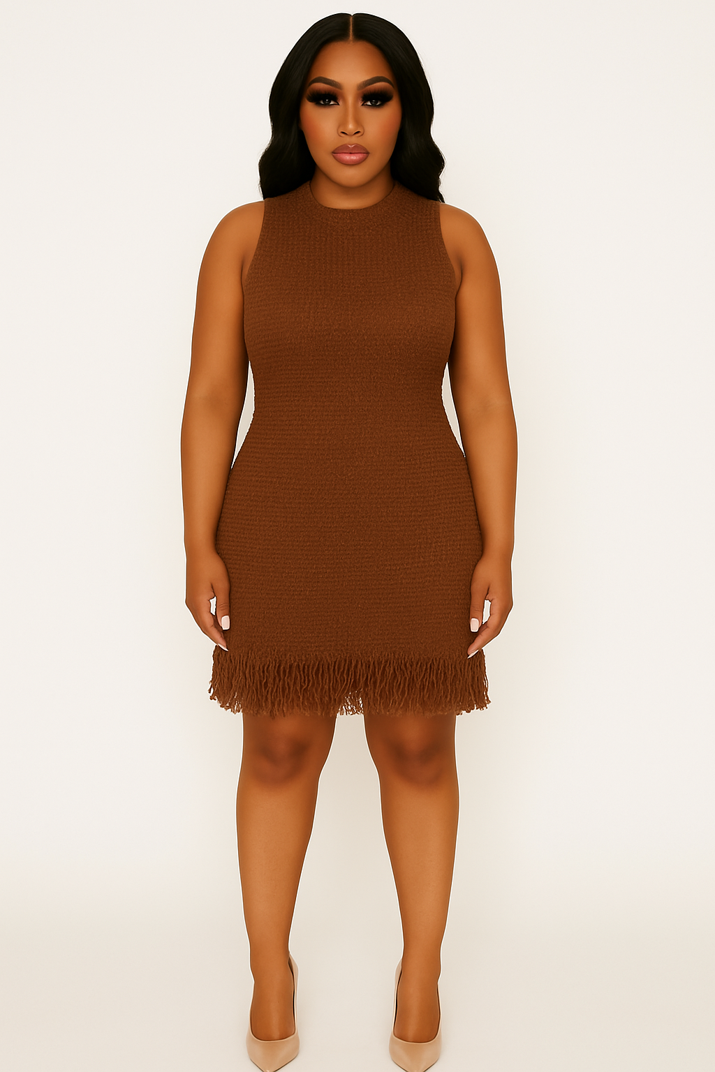 Warm Brown Fringe Hem Dress