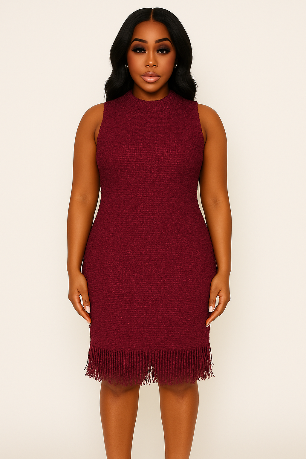 Plum Red Textured Fringe Hem Dress