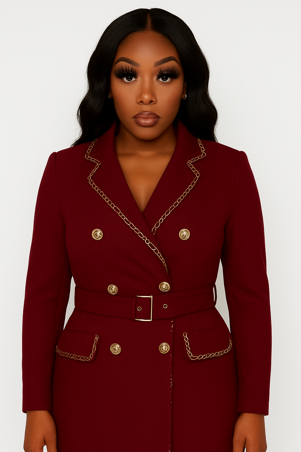 Wine Blazer Dress with Gold Chain Detail