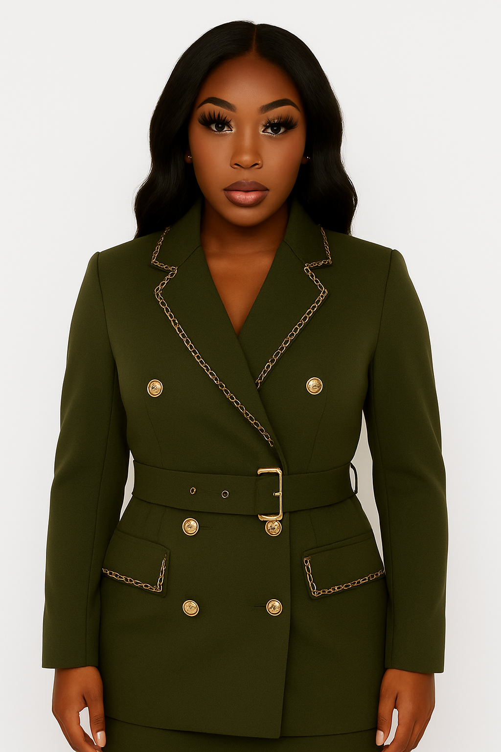 Khaki Blazer Dress with Gold Chain Detail
