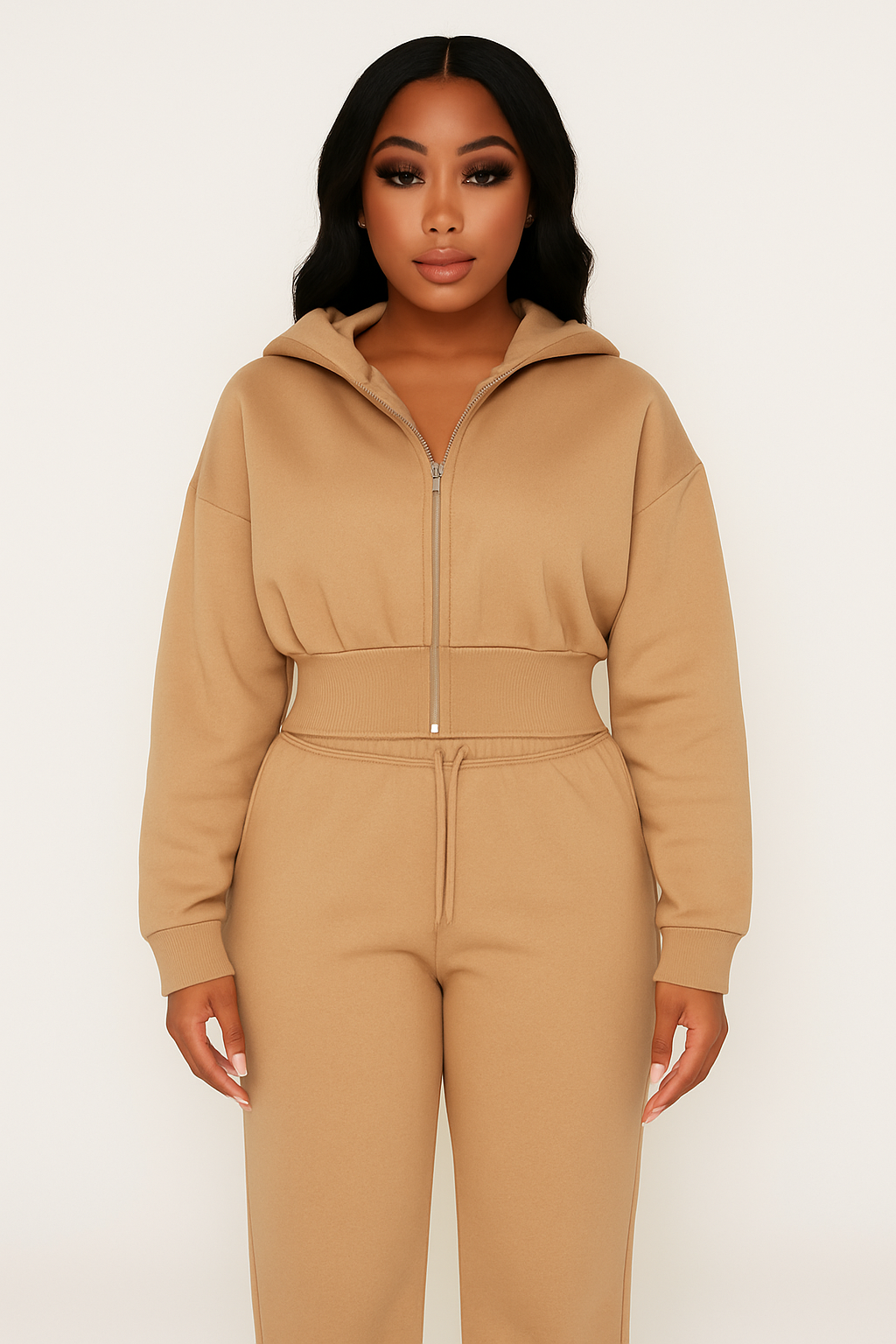 Beige Cropped Hoodie & Jogger Set