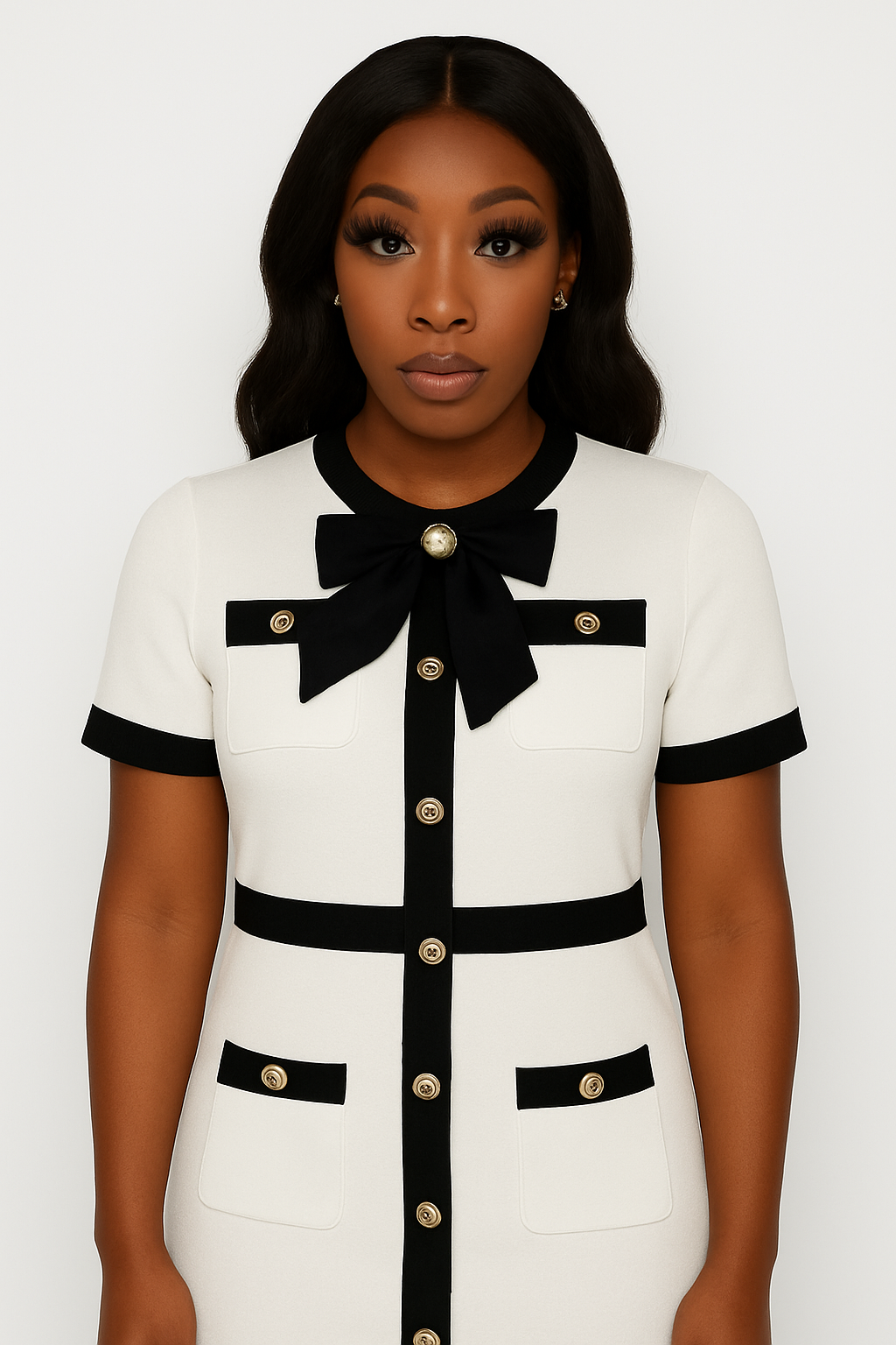 White & Black Contrast Bow Dress