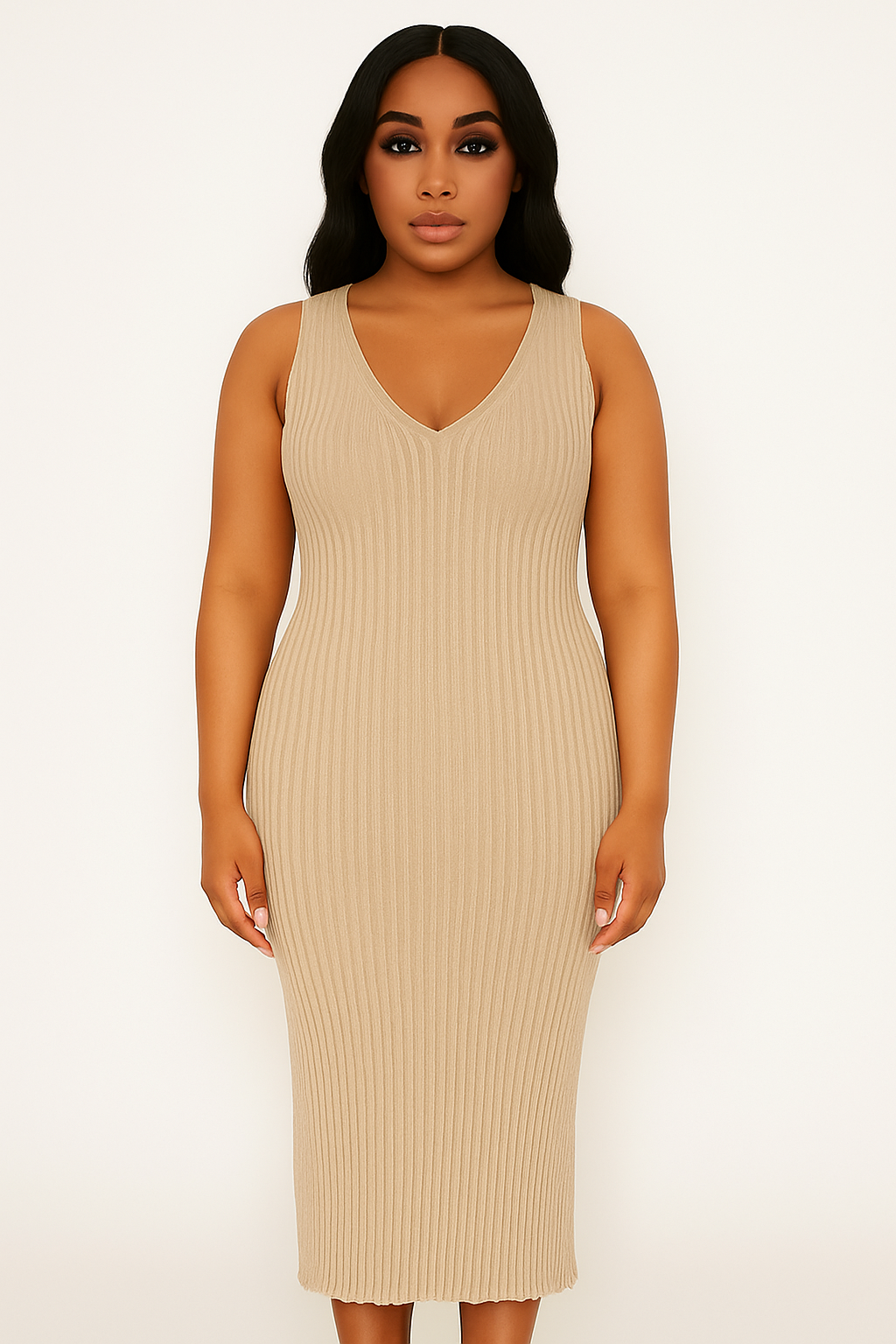 Beige Ribbed Midi Dress