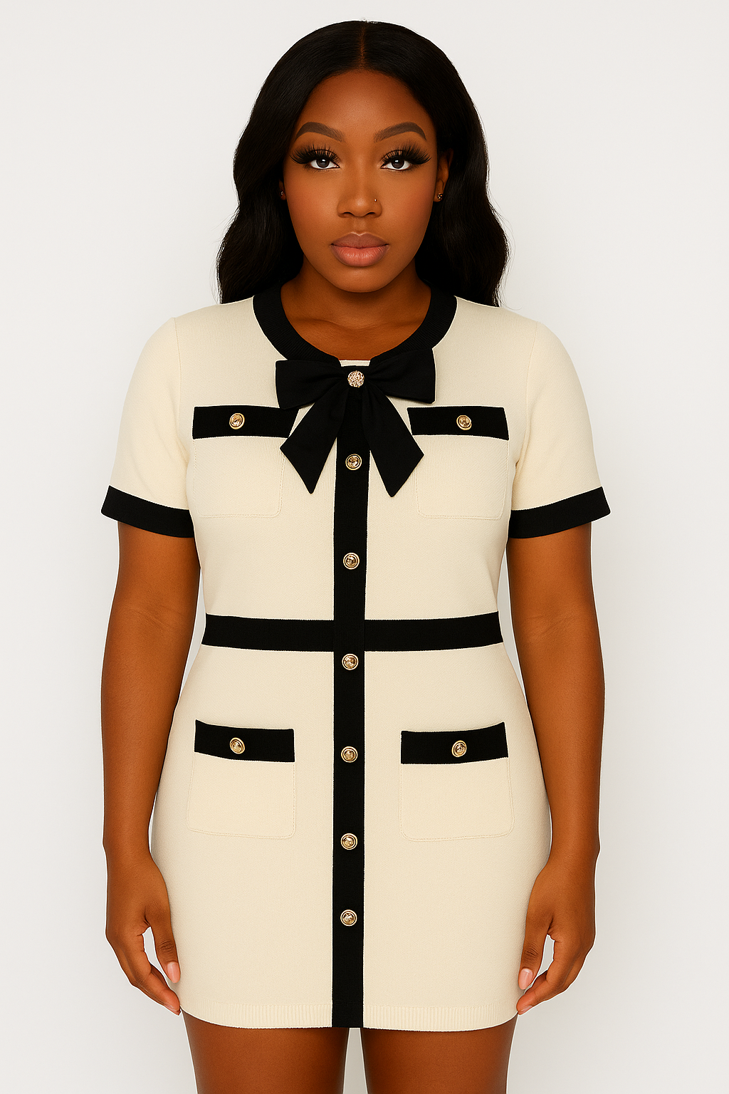 Cream & Black Contrast Bow Dress